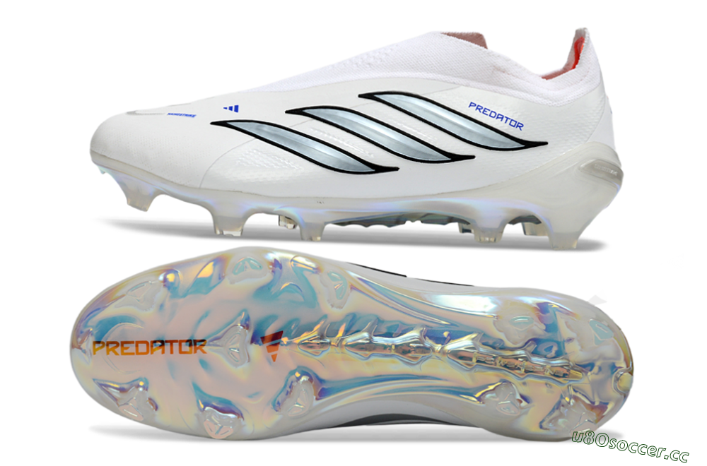 Unisex Adidas Predator 26 Elite Laceless FG Firm Ground Low-Tops Football Boots - White/Iridium Silver/Black 1