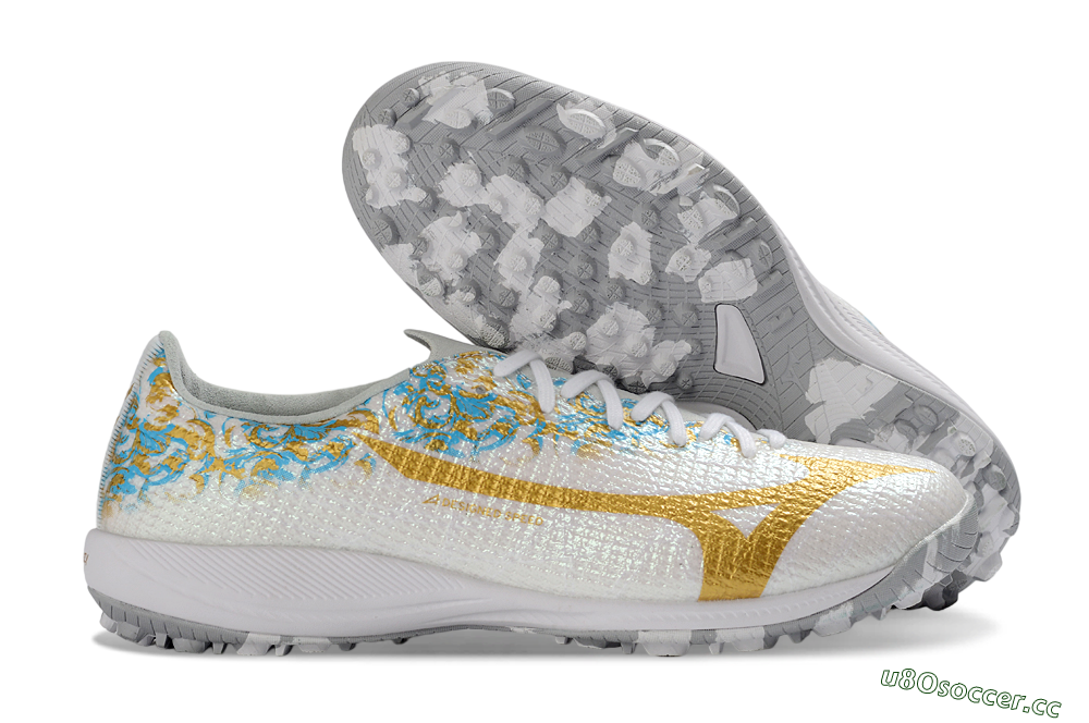 Men's Mizuno Alpha 3 Elite TF Artificial Turf Low-Tops Football Shoes - White/Golden Shine/Blue Flare 2