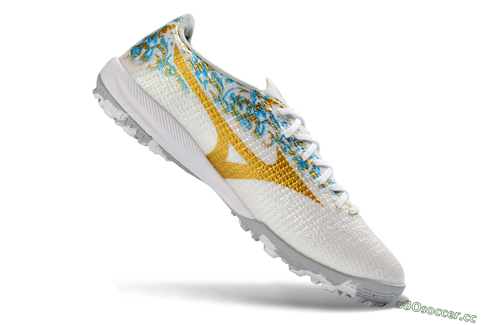 Men's Mizuno Alpha 3 Elite TF Artificial Turf Low-Tops Football Shoes - White/Golden Shine/Blue Flare 4