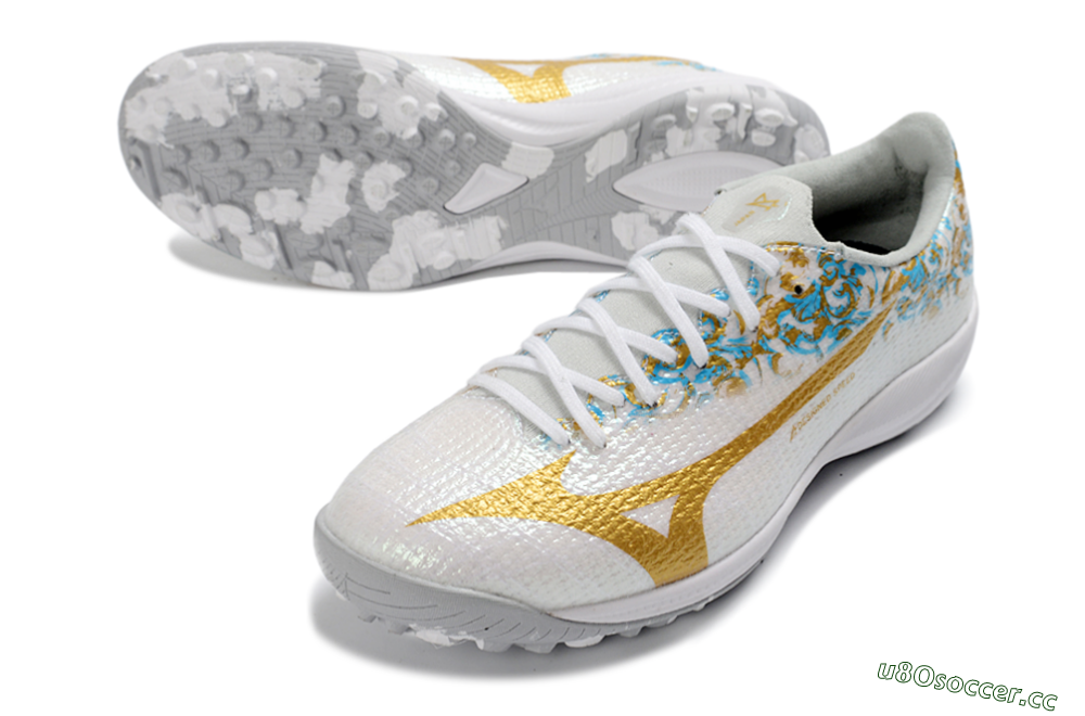 Men's Mizuno Alpha 3 Elite TF Artificial Turf Low-Tops Football Shoes - White/Golden Shine/Blue Flare 3