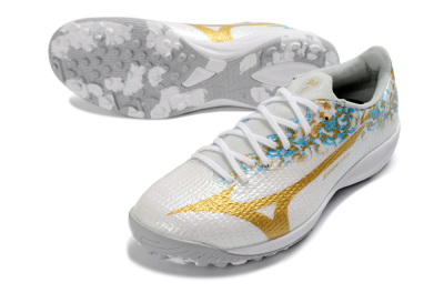Men's Mizuno Alpha 3 Elite TF Artificial Turf Low-Tops Football Shoes - White/Golden Shine/Blue Flare