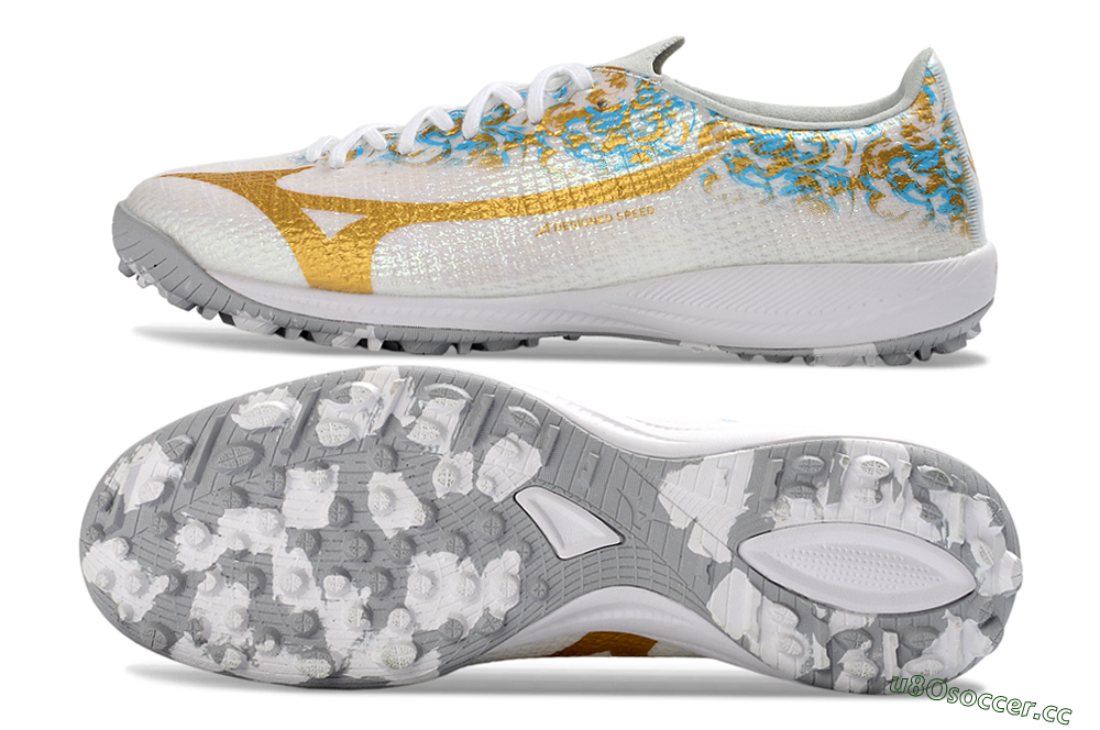Men's Mizuno Alpha 3 Elite TF Artificial Turf Low-Tops Football Shoes - White/Golden Shine/Blue Flare 1