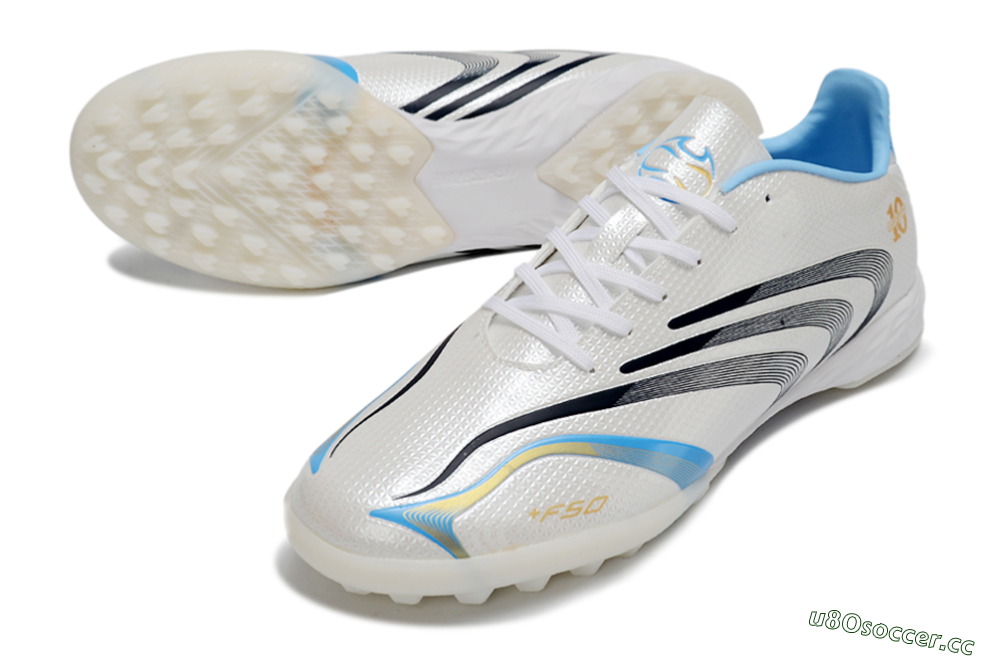 Unisex Adidas F50 Tunit Elite TF Artificial Turf Low-Tops Football Shoes - White/Sky Blue/Black 3