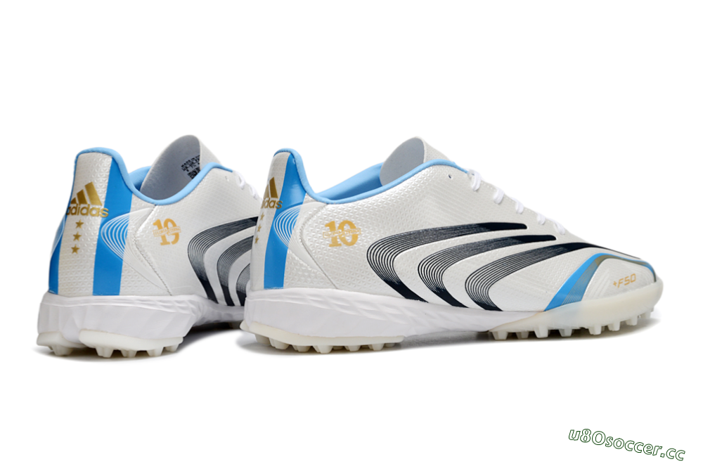 Unisex Adidas F50 Tunit Elite TF Artificial Turf Low-Tops Football Shoes - White/Sky Blue/Black 6