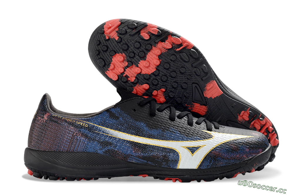 Men's Mizuno Alpha 3 Elite TF Artificial Turf Low-Tops Football Shoes - Black/Electric Blue/Crimson Red 2