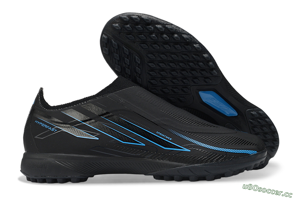 Unisex Adidas F50 Hyperfast Elite Laceless TF Artificial Turf Low-Tops Football Shoes - Black/Electric Blue/Shadow Gray 2