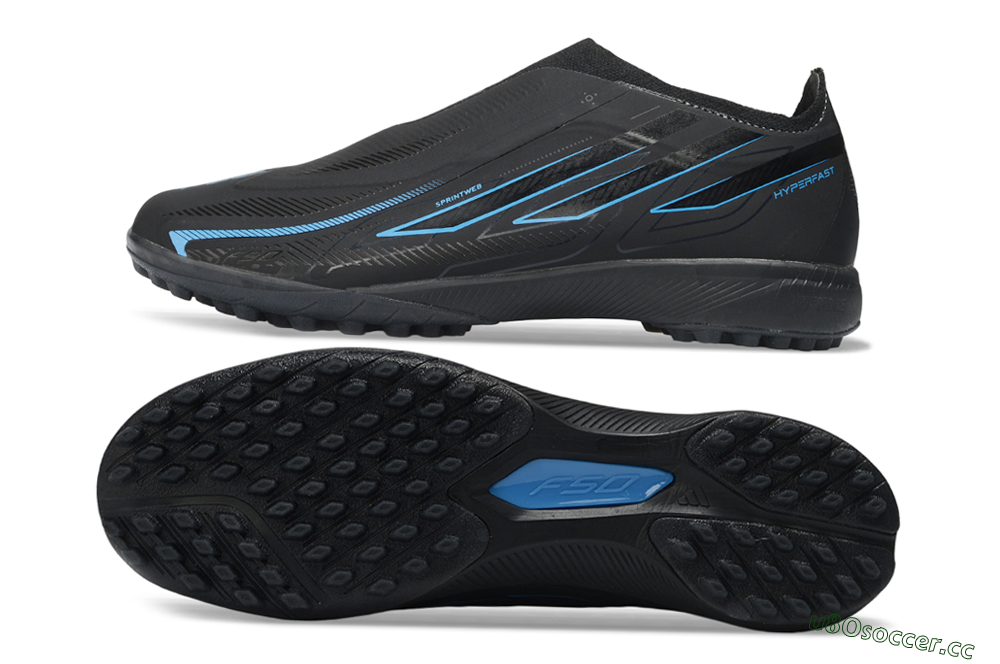 Unisex Adidas F50 Hyperfast Elite Laceless TF Artificial Turf Low-Tops Football Shoes - Black/Electric Blue/Shadow Gray 1