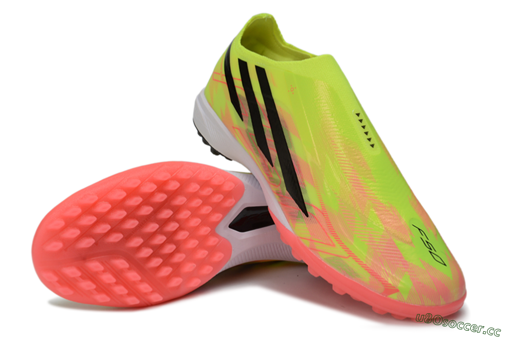 Unisex Adidas F50 Hyperfast Elite Laceless TF Artificial Turf Low-Tops Football Shoes - Yellow/Neon Green/Radiant Pink 3