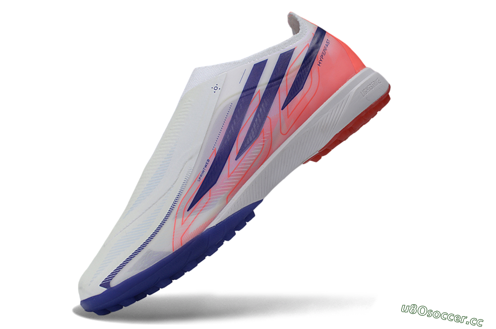 Unisex Adidas F50 Hyperfast Elite Laceless TF Artificial Turf Low-Tops Football Shoes - White/Vibrant Coral/Deep Blue 5