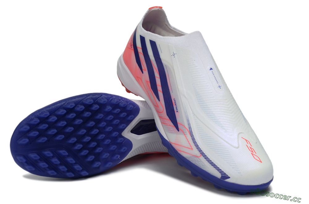 Unisex Adidas F50 Hyperfast Elite Laceless TF Artificial Turf Low-Tops Football Shoes - White/Vibrant Coral/Deep Blue 3