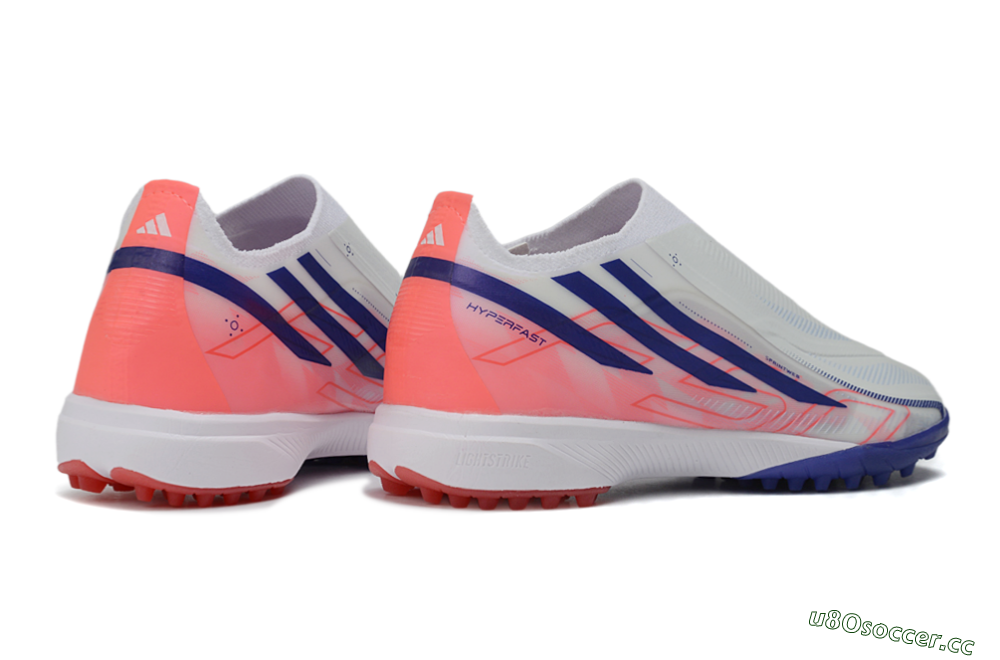 Unisex Adidas F50 Hyperfast Elite Laceless TF Artificial Turf Low-Tops Football Shoes - White/Vibrant Coral/Deep Blue 6
