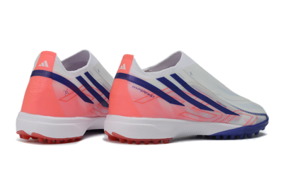 Unisex Adidas F50 Hyperfast Elite Laceless TF Artificial Turf Low-Tops Football Shoes - White/Vibrant Coral/Deep Blue