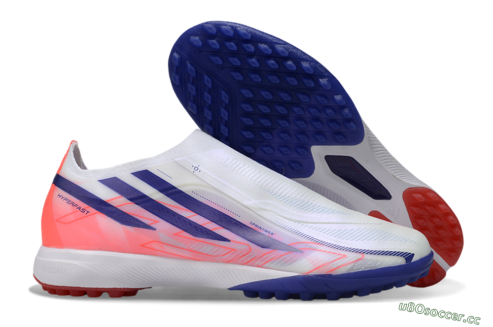 Unisex Adidas F50 Hyperfast Elite Laceless TF Artificial Turf Low-Tops Football Shoes - White/Vibrant Coral/Deep Blue 2