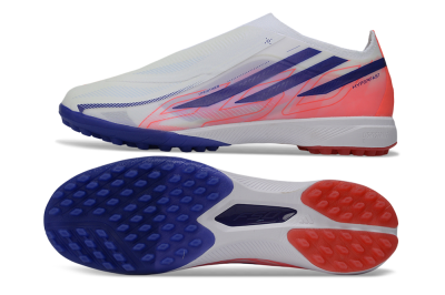 Unisex Adidas F50 Hyperfast Elite Laceless TF Artificial Turf Low-Tops Football Shoes - White/Vibrant Coral/Deep Blue