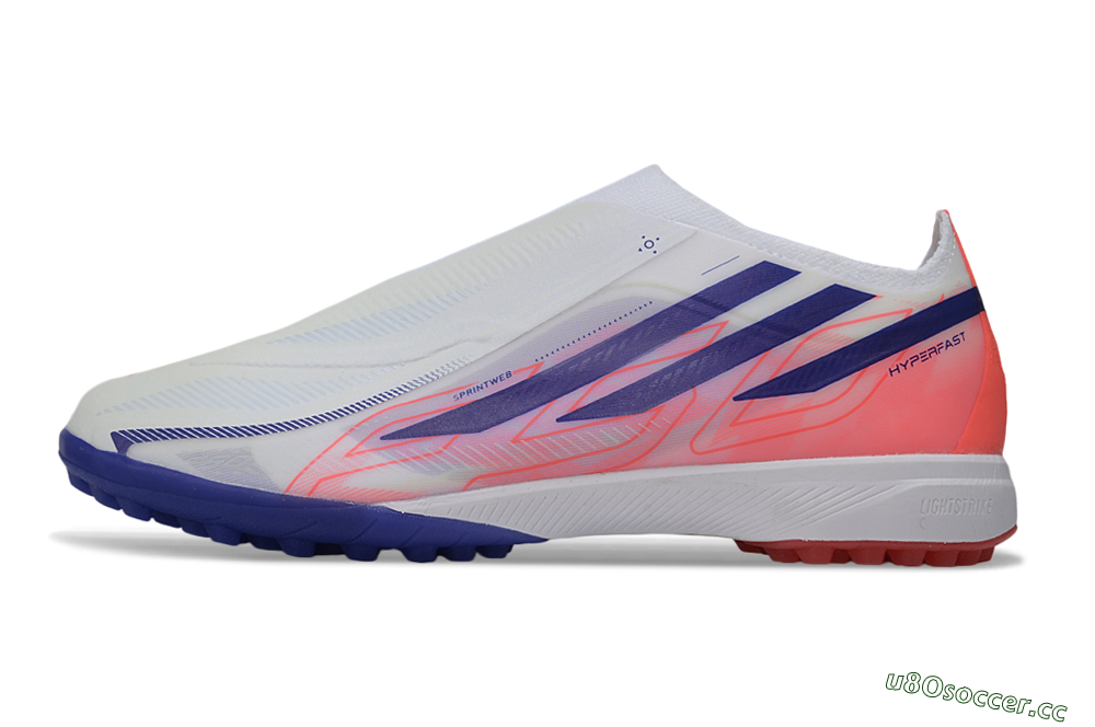 Unisex Adidas F50 Hyperfast Elite Laceless TF Artificial Turf Low-Tops Football Shoes - White/Vibrant Coral/Deep Blue 0