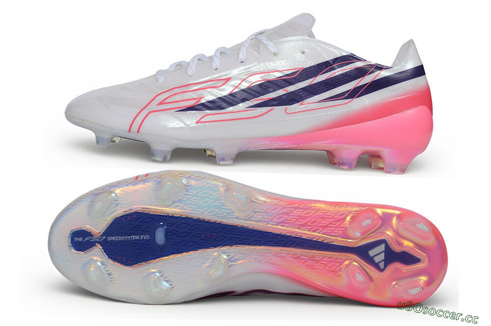 Unisex Adidas F50 Hyperfast Evo FG Firm Ground Low-Tops Football Boots - White/Lucid Pink/Night Indigo 1