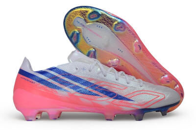 Unisex Adidas F50 Hyperfast Evo FG Firm Ground Low-Tops Football Boots - White/Lucid Blue/Solar Pink