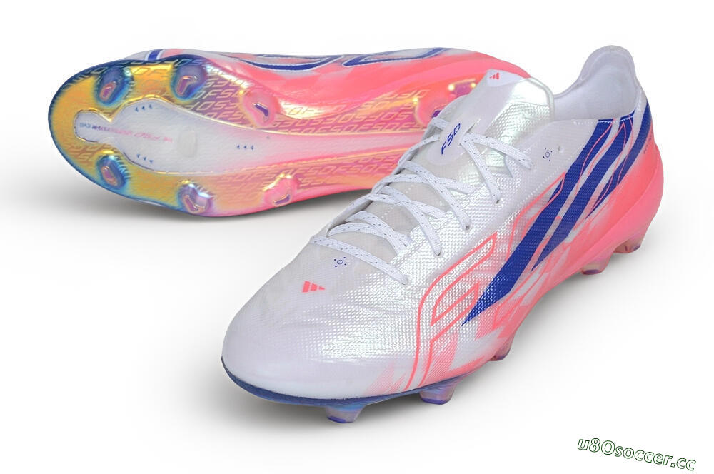 Unisex Adidas F50 Hyperfast Evo FG Firm Ground Low-Tops Football Boots - White/Lucid Blue/Solar Pink 3