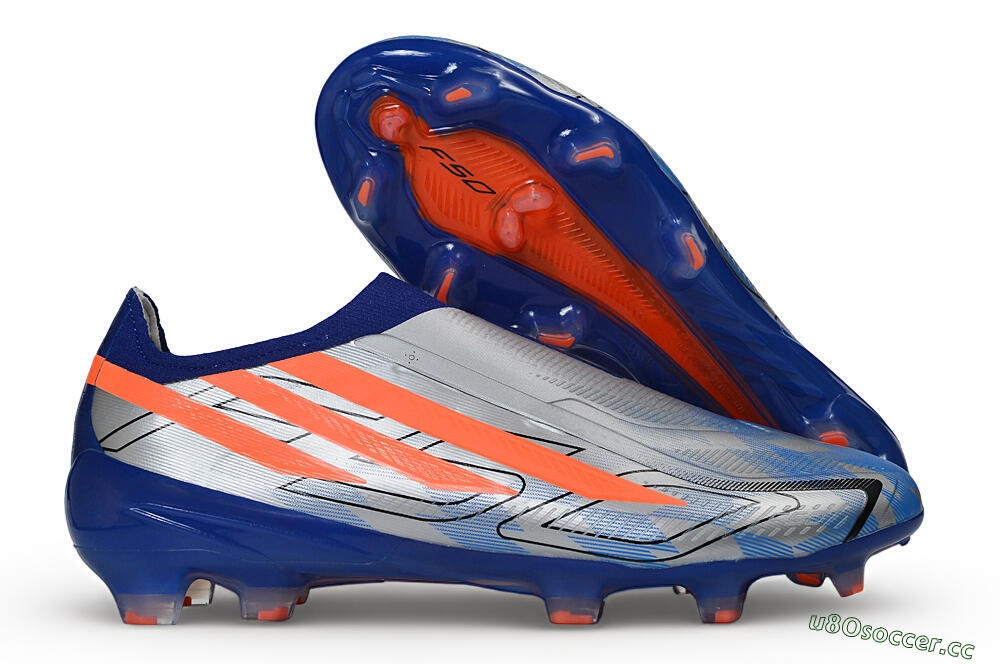 Unisex Adidas F50 Hyperfast Elite Laceless FG Firm Ground Low-Tops Football Boots - Blue/Silver Metallic/Solar Red 2
