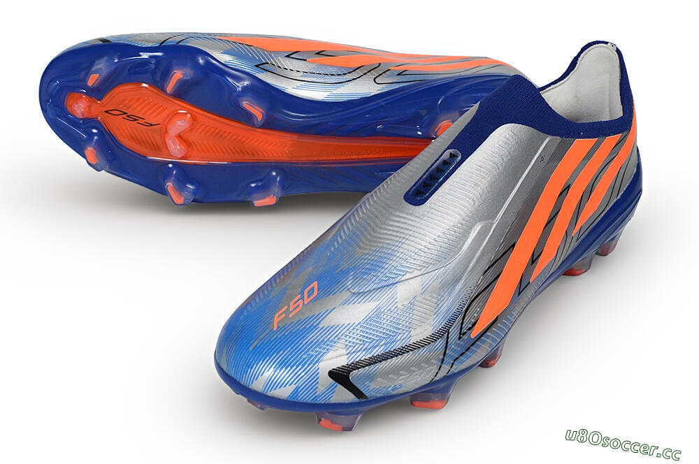 Unisex Adidas F50 Hyperfast Elite Laceless FG Firm Ground Low-Tops Football Boots - Blue/Silver Metallic/Solar Red 3