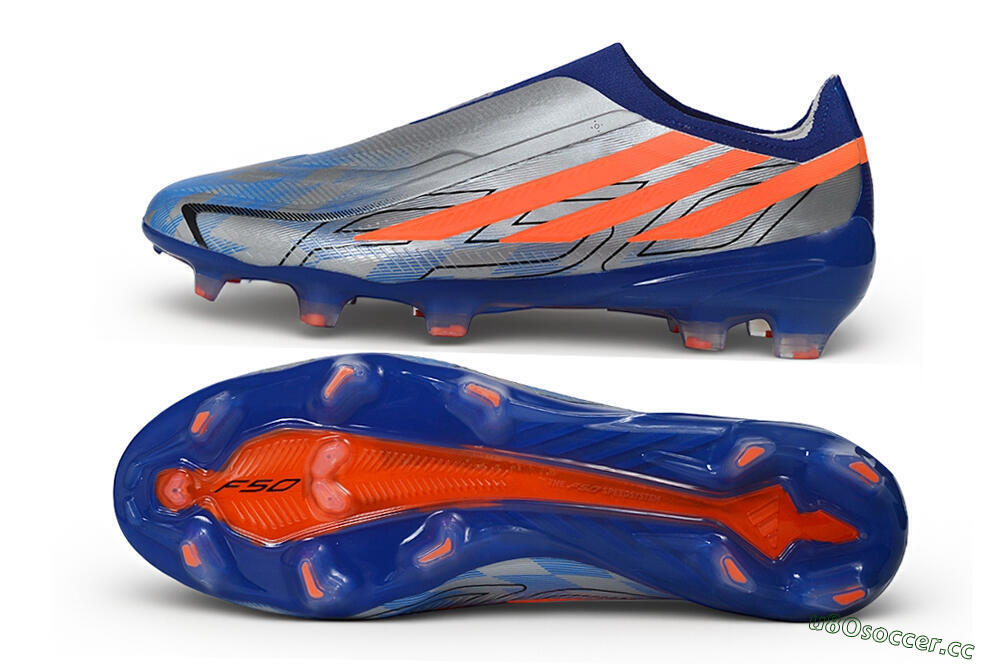Unisex Adidas F50 Hyperfast Elite Laceless FG Firm Ground Low-Tops Football Boots - Blue/Silver Metallic/Solar Red 1