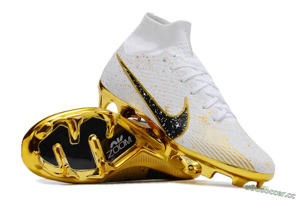 Unisex Nike Air Zoom Mercurial Superfly 9 Elite FG Firm Ground High-Tops Football Boots - White/Black/Gold 3