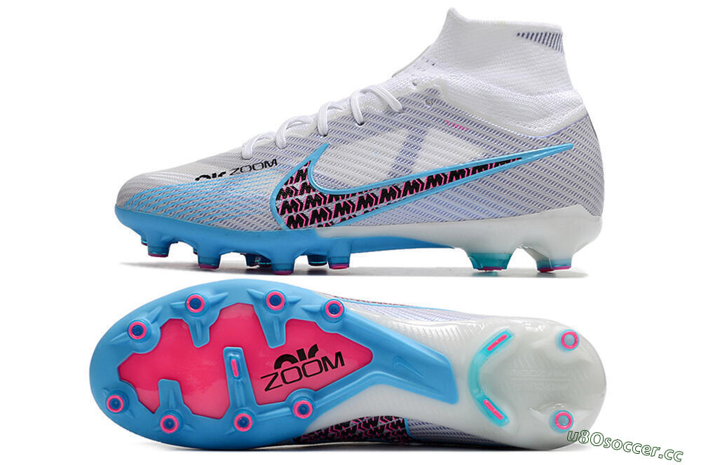 Unisex Nike Air Zoom Mercurial Superfly 9 Elite AG Artificial Grass High-Tops Football Boots - White/Blue/Pink 1