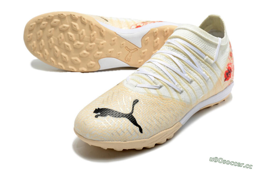 Men's Puma Future Z 1.3 Instinct TF Artificial Turf Low-Tops Football Shoes - White/Gold/Red 3