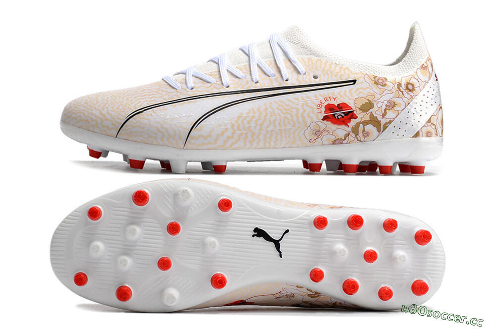 Men's Puma Ultra Ultimate MG Multi Ground Low-Tops Football Boots - White/Gold/Red 1