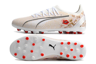 Men's Puma Ultra Ultimate MG Multi Ground Low-Tops Football Boots - White/Gold/Red