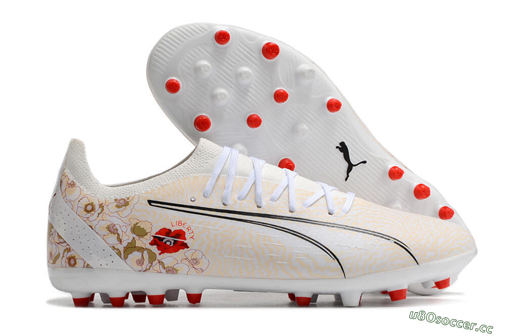 Men's Puma Ultra Ultimate MG Multi Ground Low-Tops Football Boots - White/Gold/Red 2