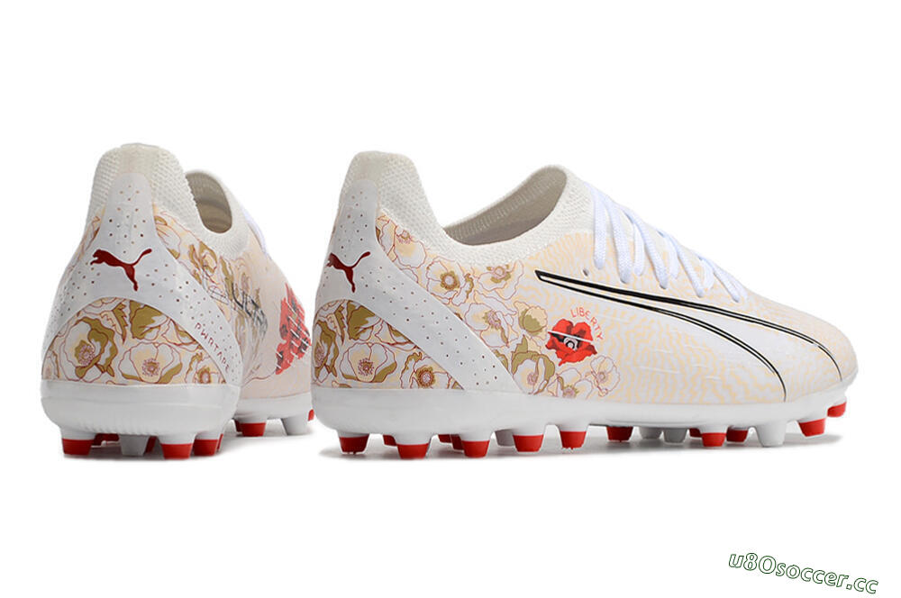 Men's Puma Ultra Ultimate MG Multi Ground Low-Tops Football Boots - White/Gold/Red 6