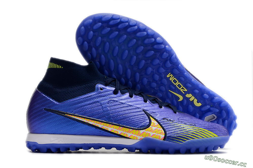 Men's Nike Air Zoom Mercurial Superfly 9 Elite TF Artificial Turf High-Tops Football Shoes - Blue/Green/Yellow 2