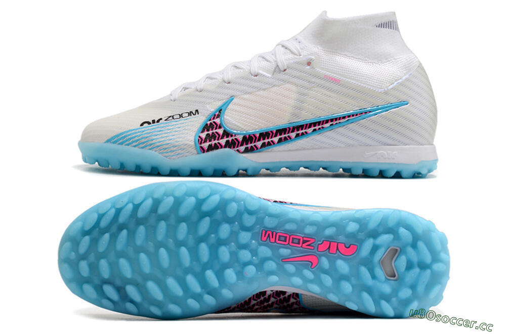 Men's Nike Air Zoom Mercurial Superfly 9 Elite TF Artificial Turf High-Tops Football Shoes - White/Blue/Pink 1