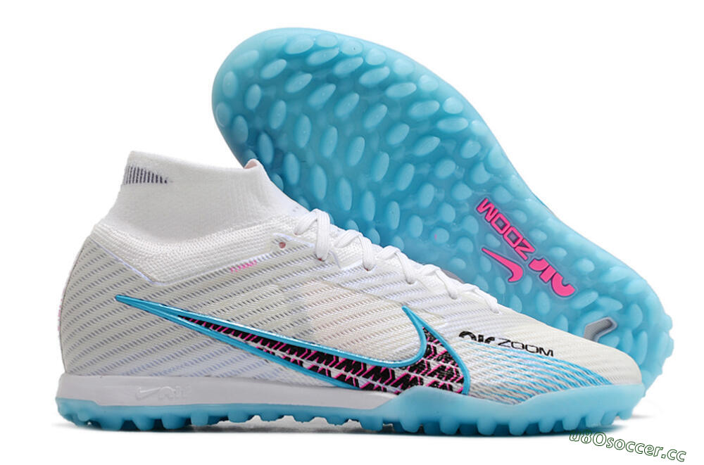 Men's Nike Air Zoom Mercurial Superfly 9 Elite TF Artificial Turf High-Tops Football Shoes - White/Blue/Pink 2