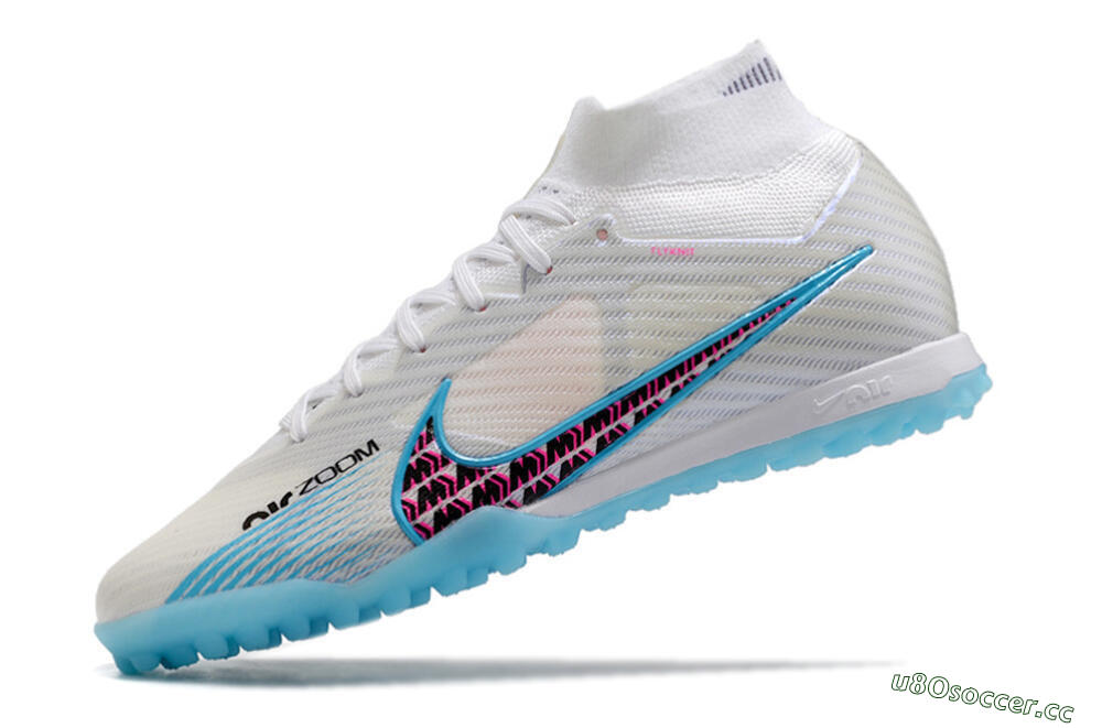 Men's Nike Air Zoom Mercurial Superfly 9 Elite TF Artificial Turf High-Tops Football Shoes - White/Blue/Pink 5