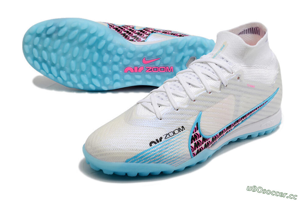 Men's Nike Air Zoom Mercurial Superfly 9 Elite TF Artificial Turf High-Tops Football Shoes - White/Blue/Pink 3