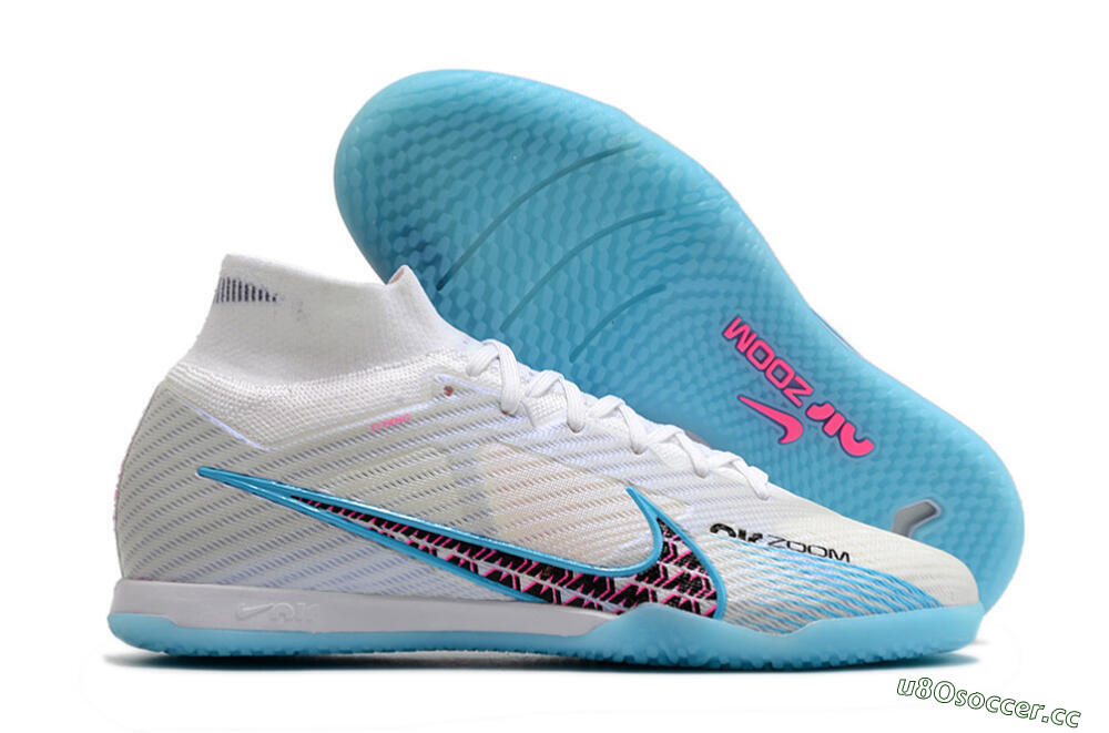 Men's Nike Air Zoom Mercurial Superfly 9 Elite IC Futsal/Indoor High-Tops Football Shoes - White/Blue/Pink 2