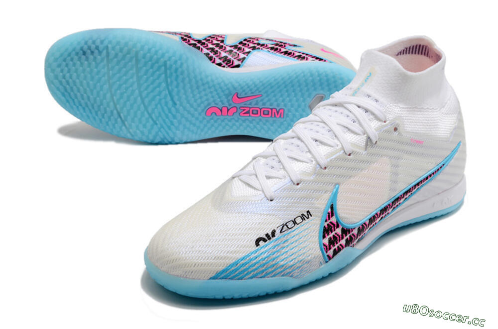 Men's Nike Air Zoom Mercurial Superfly 9 Elite IC Futsal/Indoor High-Tops Football Shoes - White/Blue/Pink 3