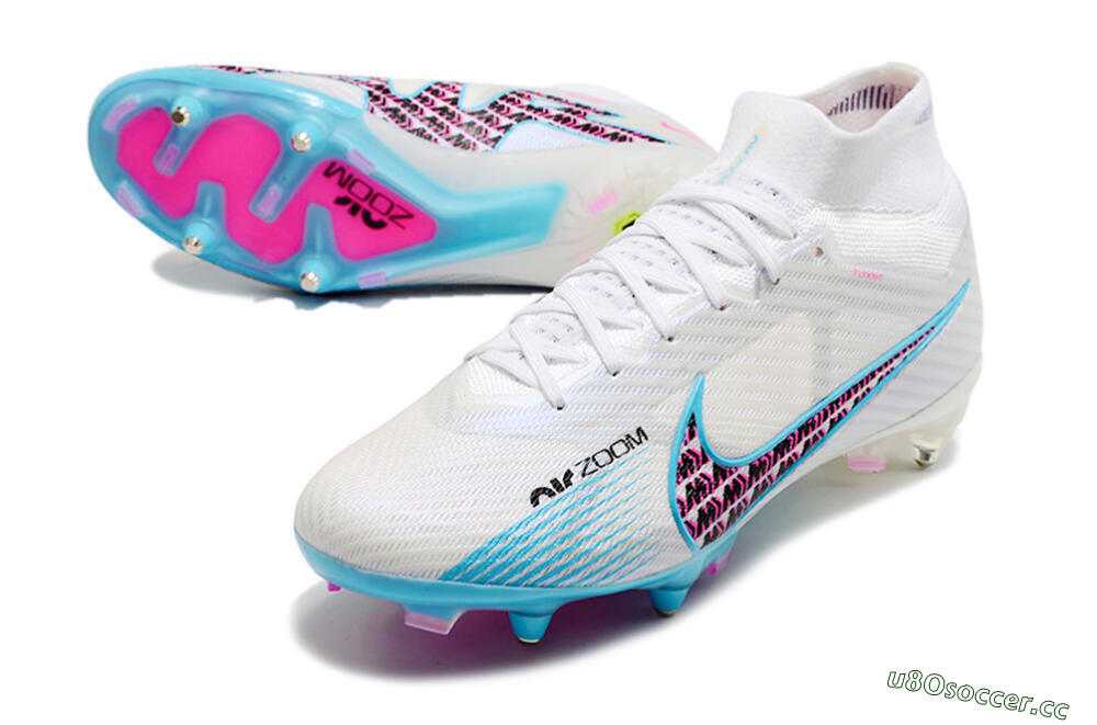 Men's Nike Air Zoom Mercurial Superfly 9 Elite SG Soft Ground High-Tops Football Boots - White/Blue/Pink 3