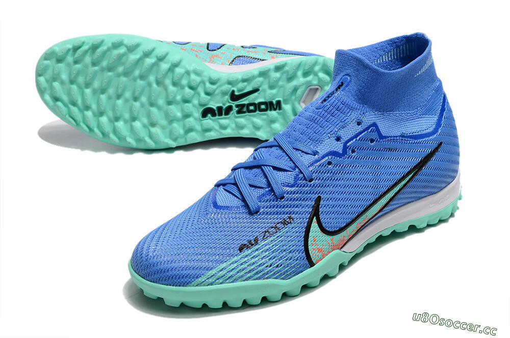 Men's Nike Air Zoom Mercurial Superfly 9 Elite TF Artificial Turf High-Tops Football Shoes - Blue/Green/Black 3