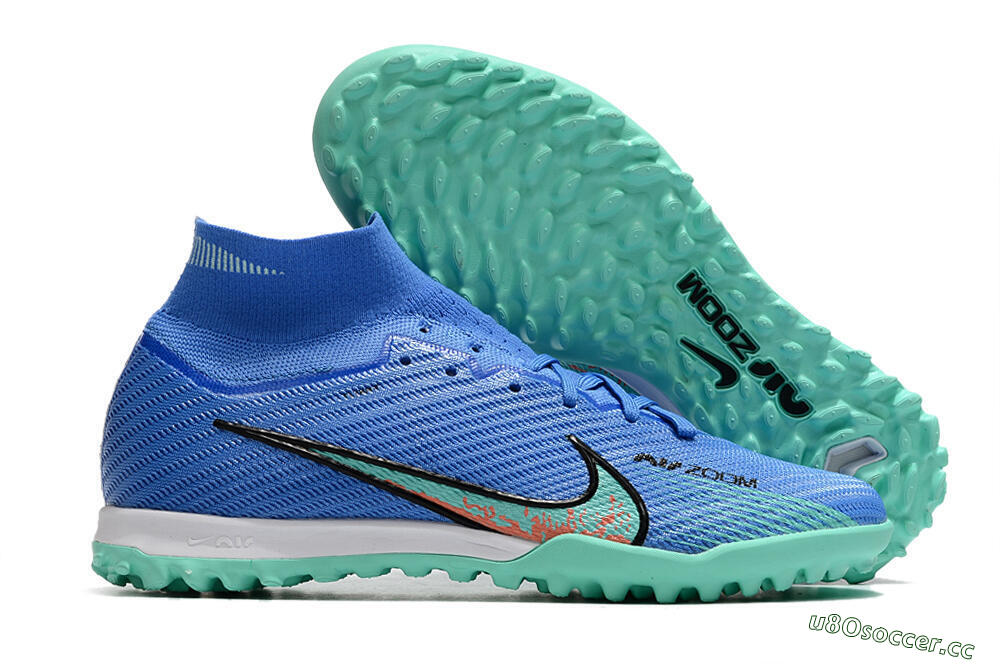Men's Nike Air Zoom Mercurial Superfly 9 Elite TF Artificial Turf High-Tops Football Shoes - Blue/Green/Black 2
