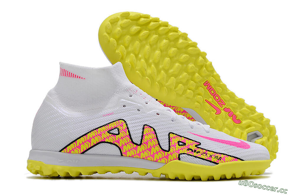 Men's Nike Air Zoom Mercurial Superfly 9 Elite TF Artificial Turf High-Tops Football Shoes - White/Yellow/Pink 2