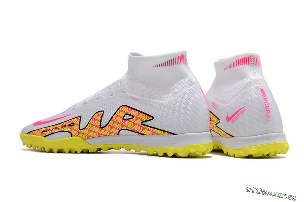Men's Nike Air Zoom Mercurial Superfly 9 Elite TF Artificial Turf High-Tops Football Shoes - White/Yellow/Pink 5