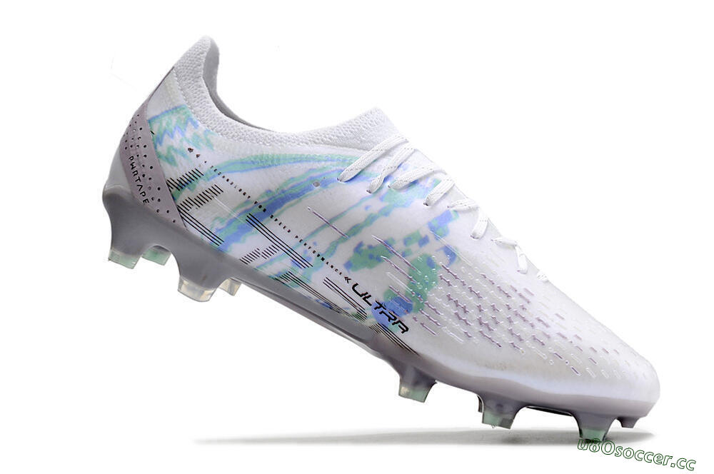 Men's Puma Ultra Ultimate FG Firm Ground Low-Tops Football Boots - White/Green/Blue/Black 4