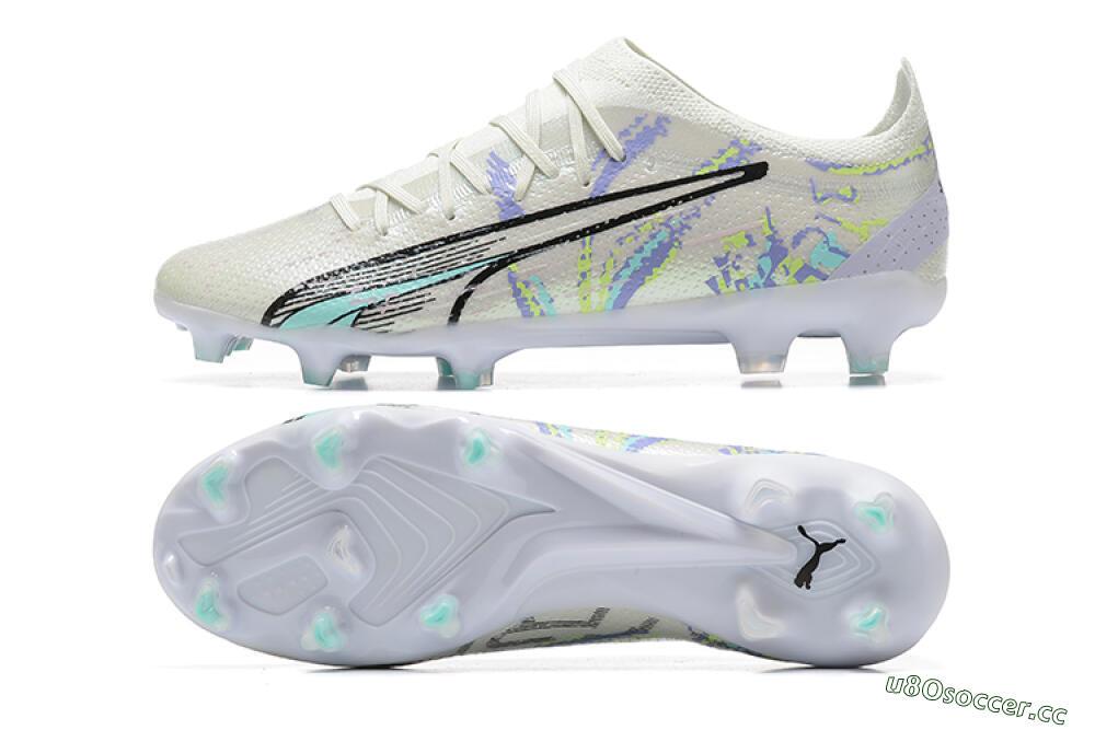 Men's Puma Ultra Ultimate FG Firm Ground Low-Tops Football Boots - White/Black/Yellow/Purple 1