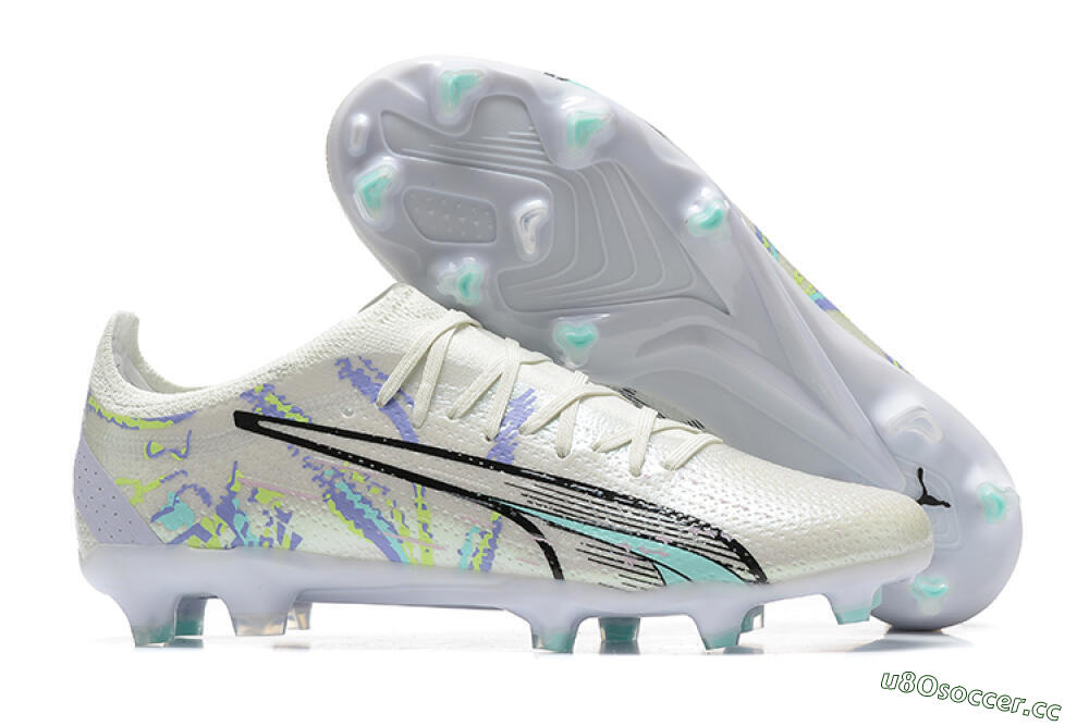 Men's Puma Ultra Ultimate FG Firm Ground Low-Tops Football Boots - White/Black/Yellow/Purple 2