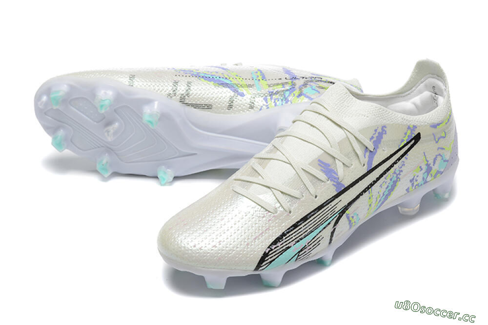 Men's Puma Ultra Ultimate FG Firm Ground Low-Tops Football Boots - White/Black/Yellow/Purple 3