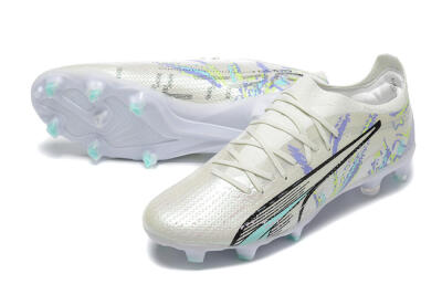 Men's Puma Ultra Ultimate FG Firm Ground Low-Tops Football Boots - White/Black/Yellow/Purple