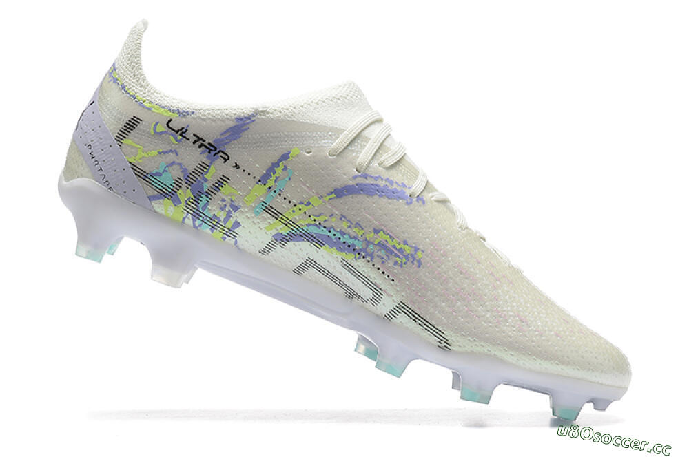 Men's Puma Ultra Ultimate FG Firm Ground Low-Tops Football Boots - White/Black/Yellow/Purple 6
